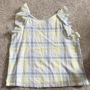 LOFT Yellow and Green Plaid Ruffle Blouse